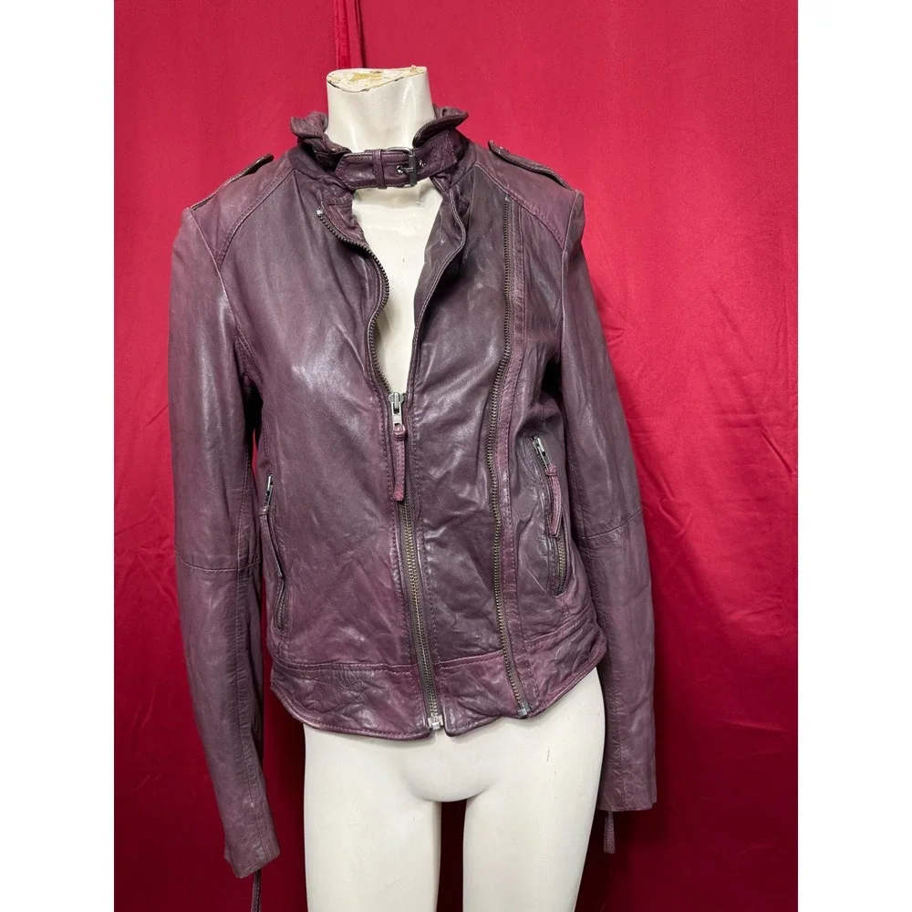 Muubaa Y2K Lamb Leather Biker Jacket Buckle Neck Purple Size 6